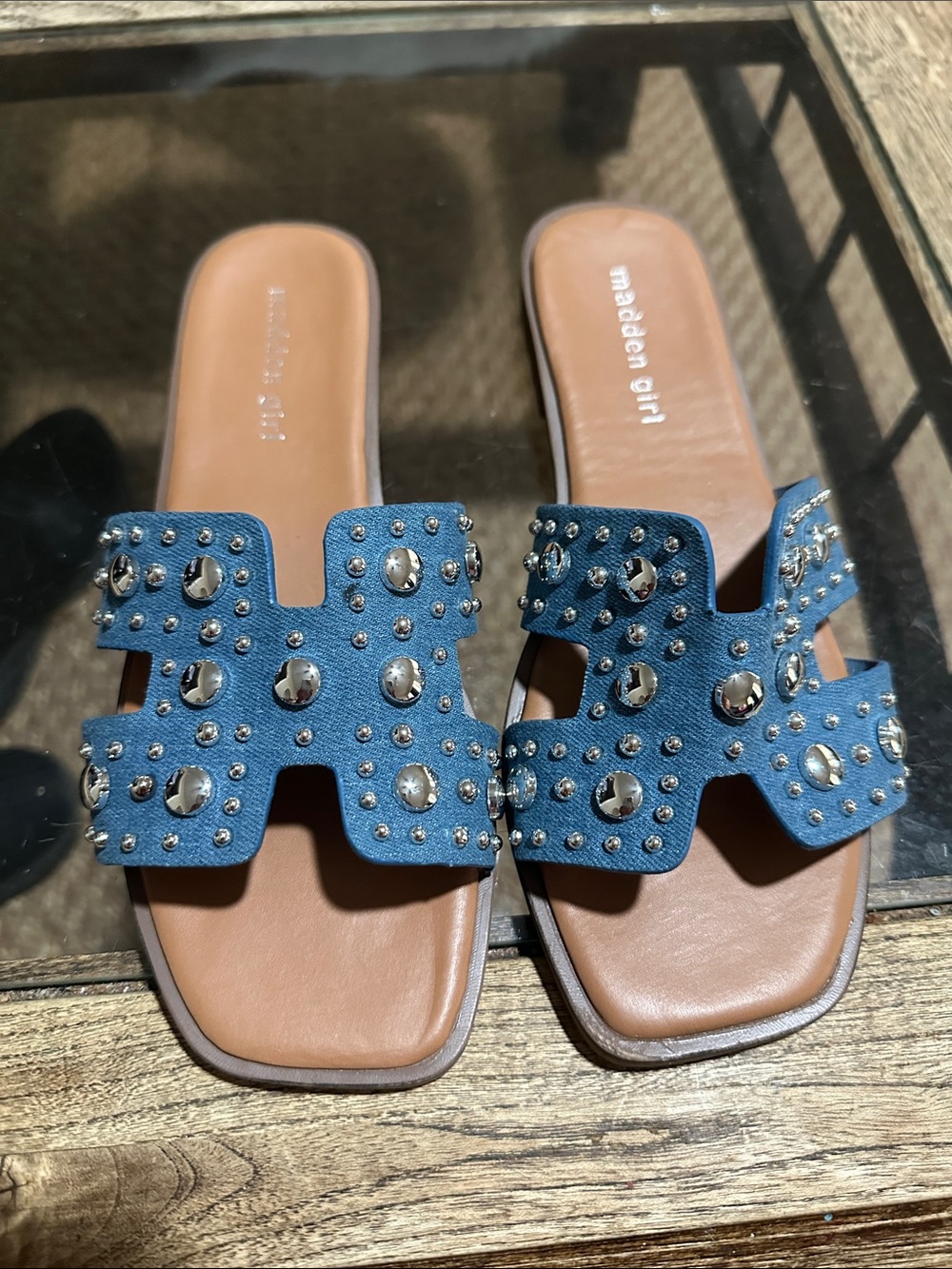 Madden Girl Denim Blue Studded Slide Sandals